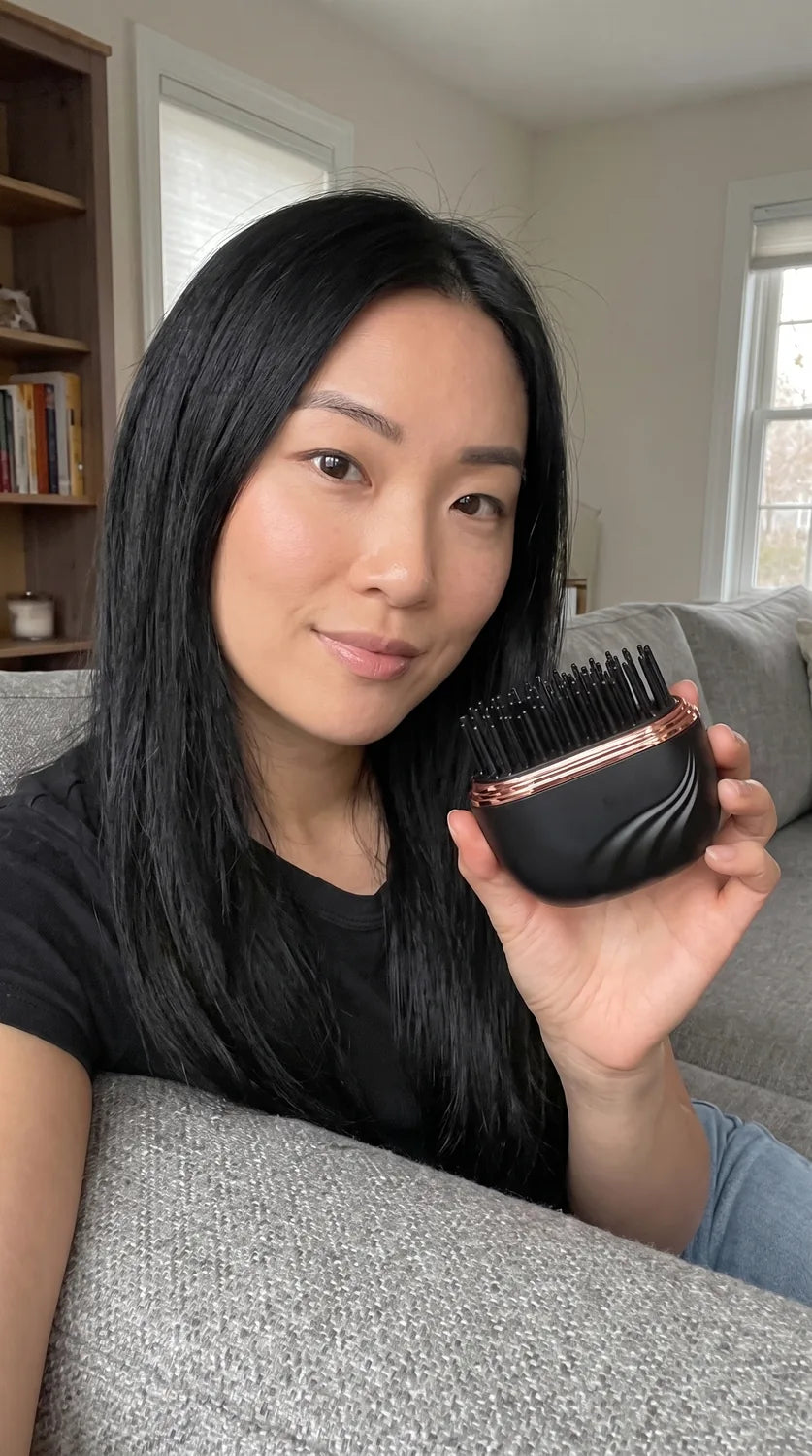 Person holding the Rové compact smoothing comb in natural light