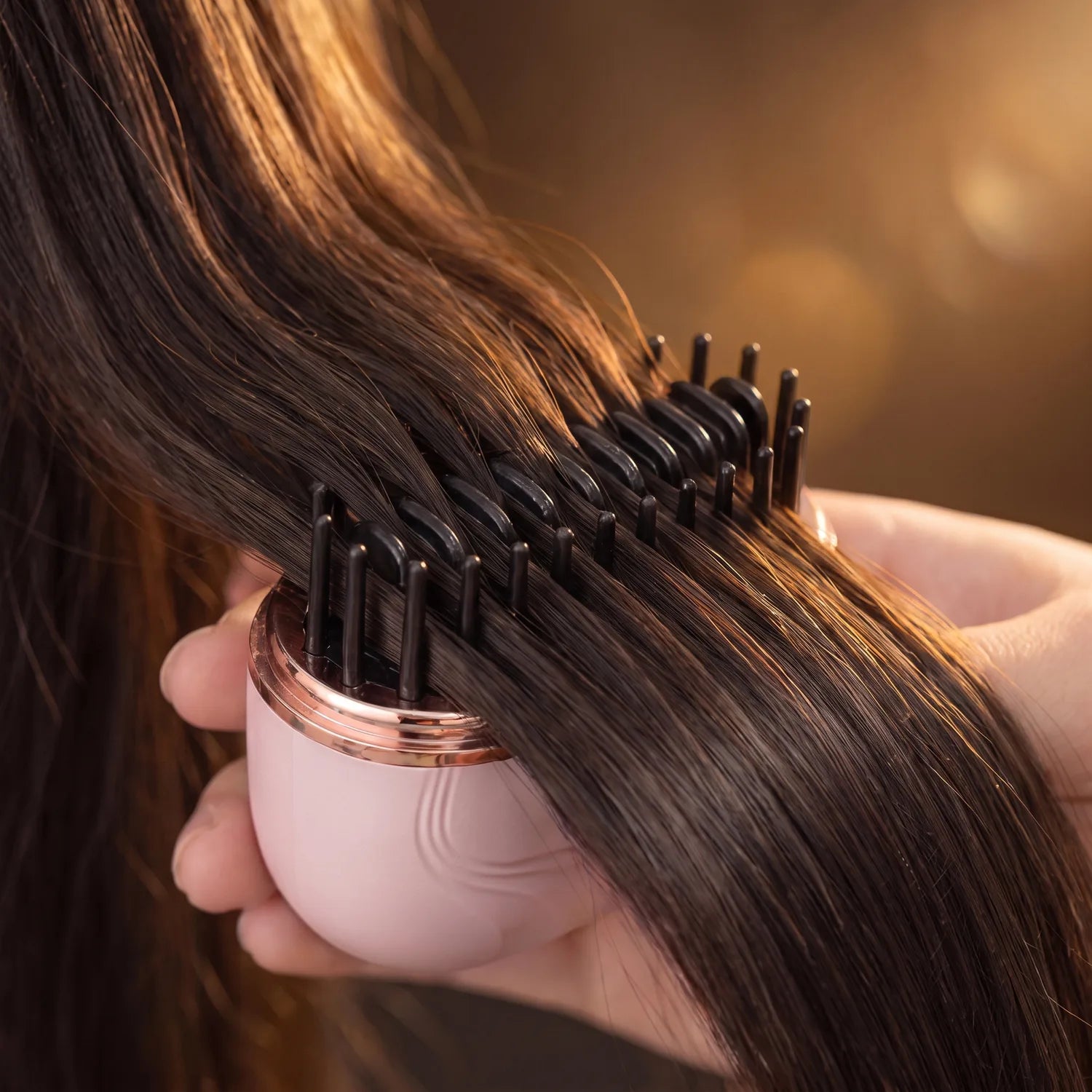 Using the black Rové cordless smoothing comb on dry hair