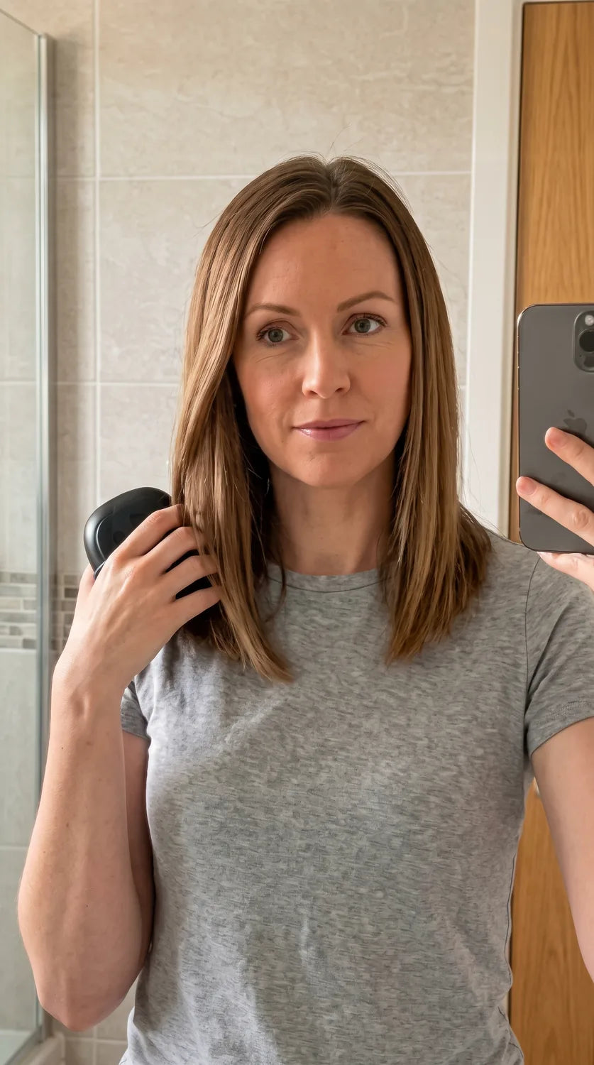 Rové compact smoothing comb shown beside styled hair