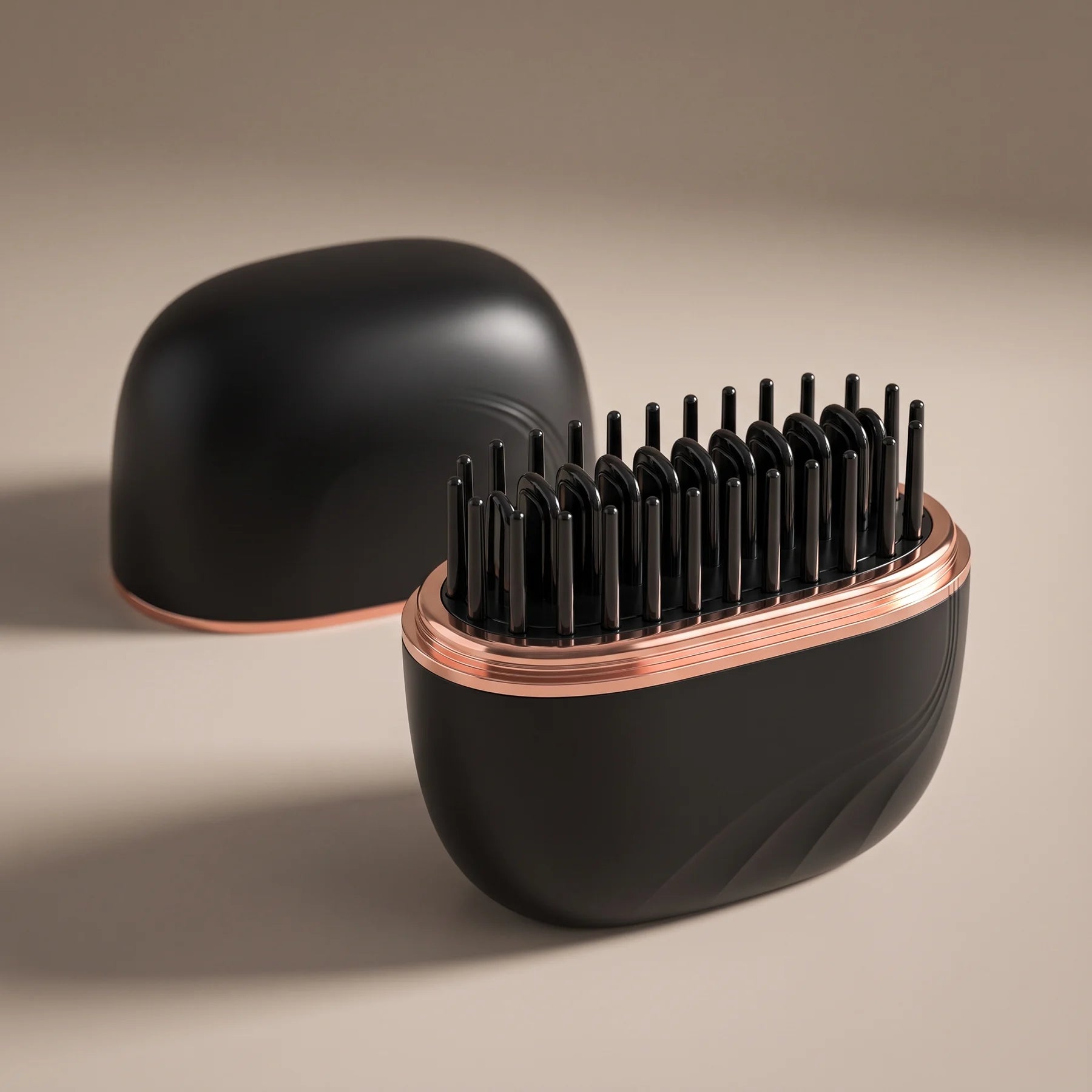 Black Rove cordless smoothing comb open against a warm neutral background