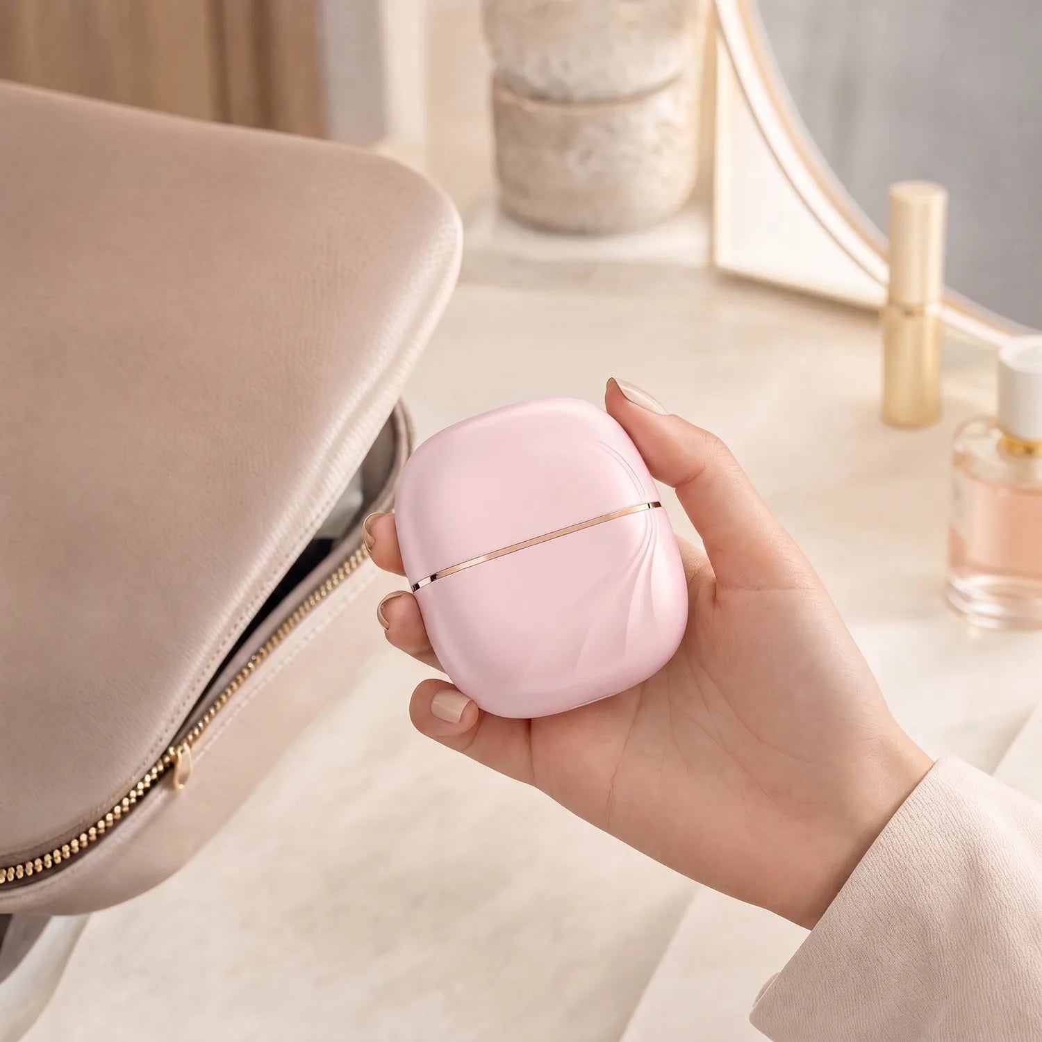 Blush pink Rové smoothing comb carried in a handbag